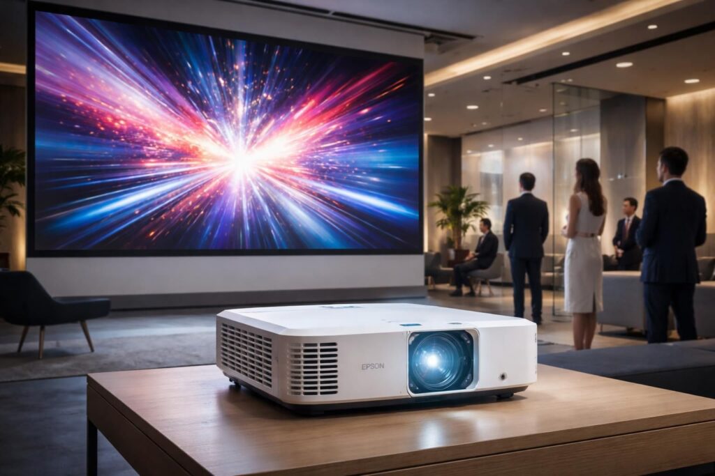 découvrez le vidéoprojecteur epson, idéal pour des projections premium lors de showrooms et lancements. offrez une qualité d'image exceptionnelle pour captiver votre audience.