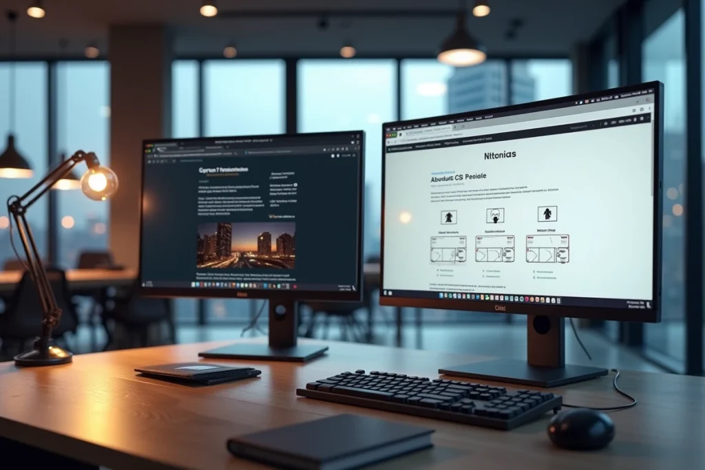 Bureau de développeur avec deux écrans affichant des interfaces CSS à positionnement absolu dans un espace de coworking