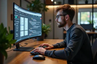 Designer UI travaillant sur un écran affichant des exemples de positionnement CSS absolu dans un bureau moderne