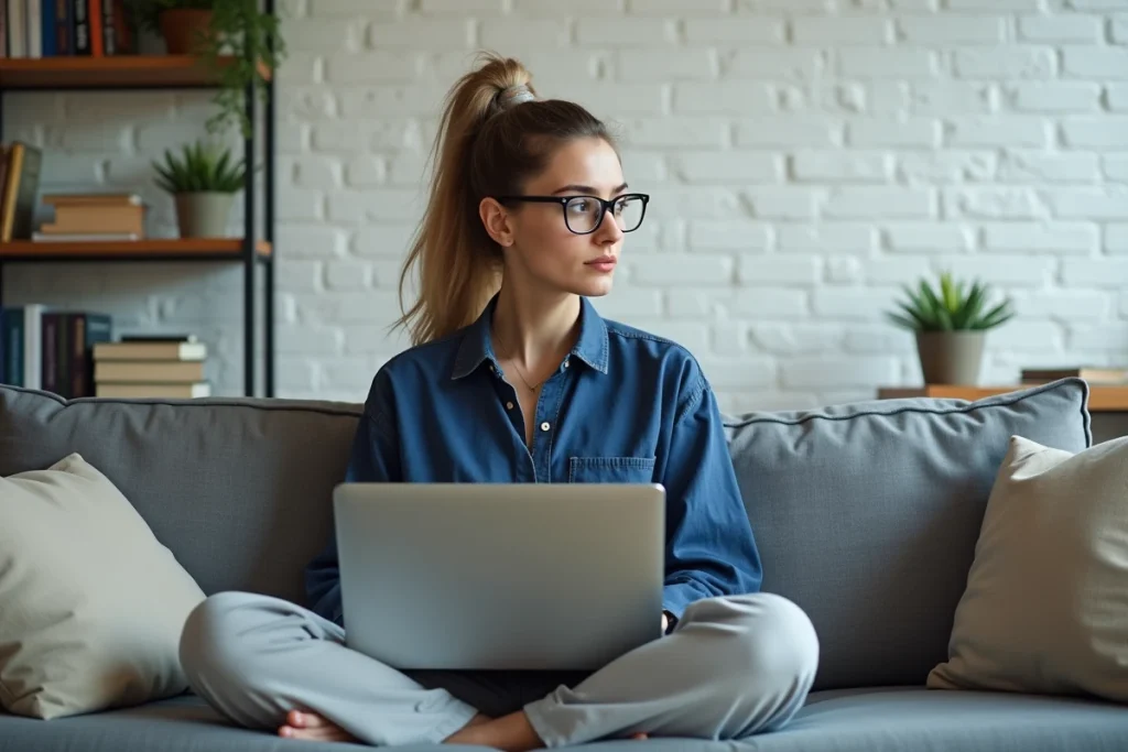 Développeuse web codant du CSS avec la propriété position absolute sur son laptop dans un bureau à domicile
