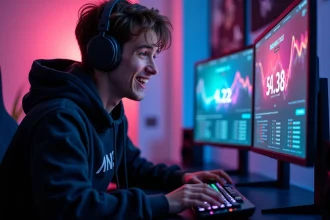 Jeune gamer masculin concentré devant ses écrans affichant des statistiques de ping sur rank-by-ping.com dans une salle de jeu RGB