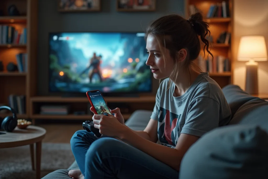 Jeune femme gameuse souriante consultant ses résultats de ping sur smartphone depuis son canapé avec manette en main