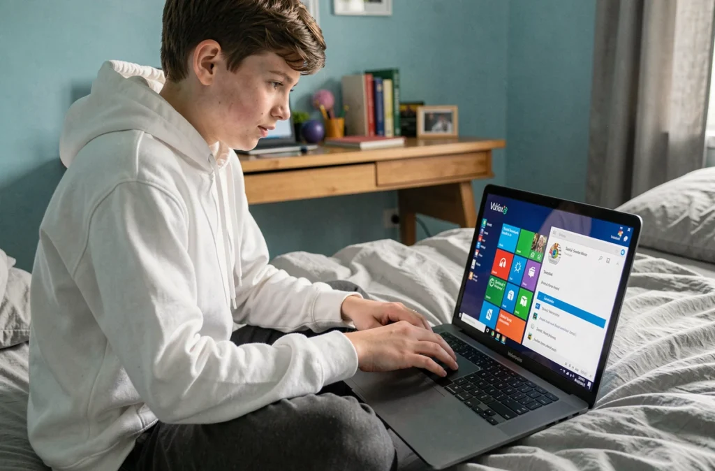 Adolescent sur son lit utilisant un laptop Windows pour créer un raccourci icône sur le bureau depuis le menu Démarrer