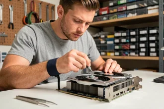 Technicien appliquant de la pâte thermique sur le die d'une carte graphique haute performance dans un atelier soigné
