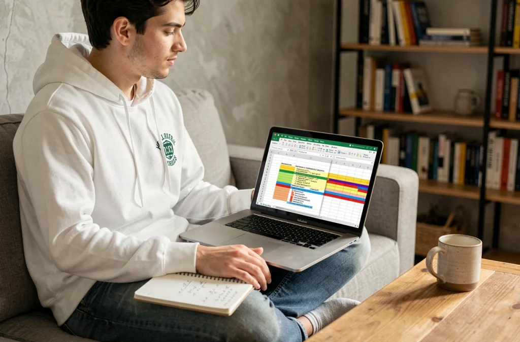Jeune personne apprenant à automatiser des tâches répétitives dans LibreOffice Calc sur un ordinateur portable à la maison