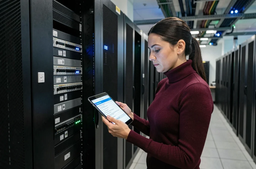 Professionnelle en informatique inspectant des équipements réseau dans une salle des serveurs lors d'un audit de sécurité