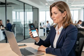 Femme professionnelle en entreprise utilisant l'authentification à double facteur sur son smartphone au bureau