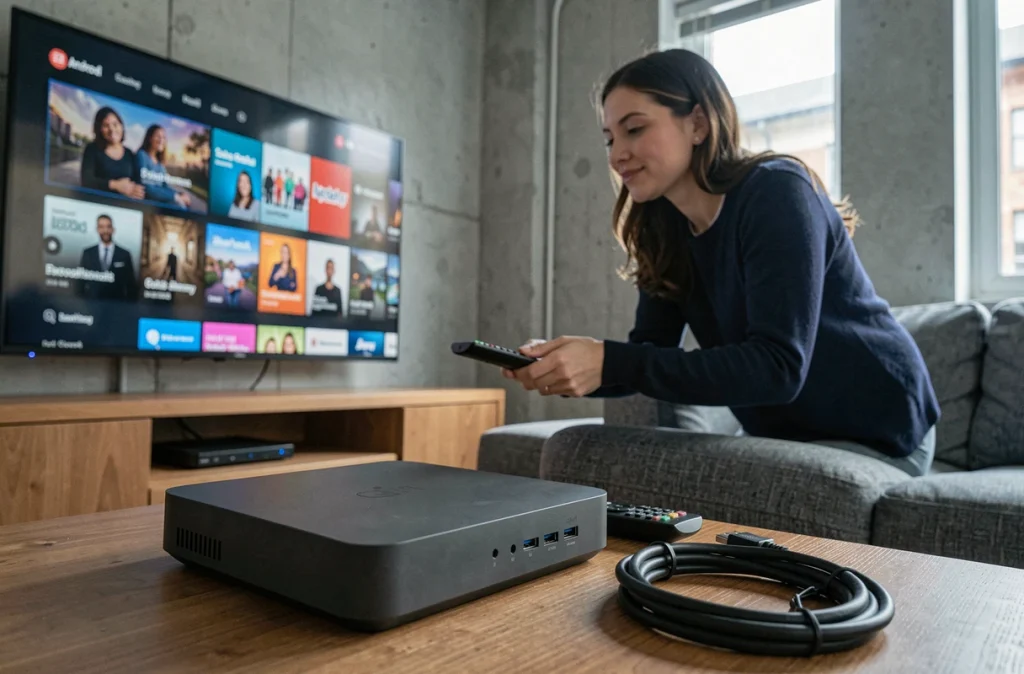Boîtier Android TV posé sur un meuble avec une femme regardant une interface de streaming en arrière-plan