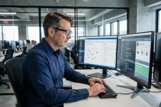Cadre informatique masculin concentré sur une formation en cybersécurité devant deux écrans dans un bureau tech moderne