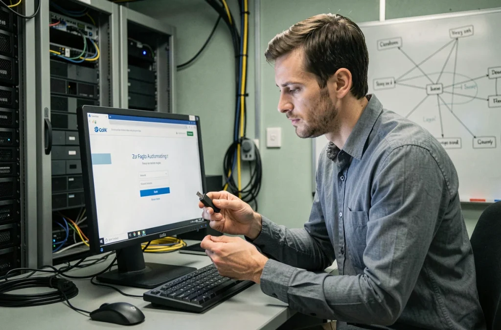 Technicien informatique utilisant une clé de sécurité matérielle pour l'authentification à deux facteurs sur un poste de travail