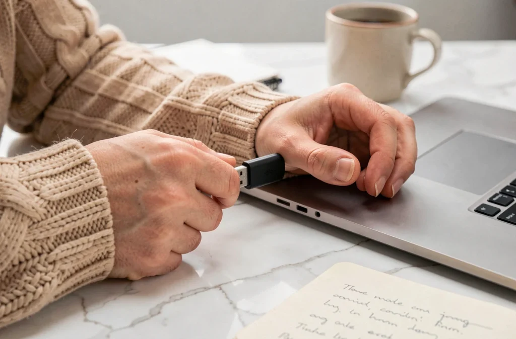 Clé de sécurité USB branchée sur un ordinateur portable pour protéger l'accès aux données personnelles et comptes en ligne