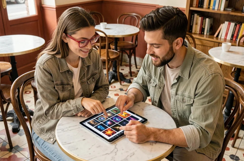 Deux créatifs collaborant sur des images générées par IA via une tablette dans un café parisien