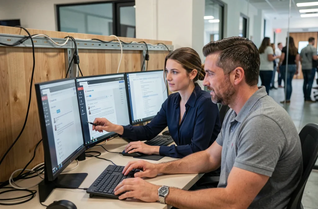 Deux collègues comparant des interfaces de messagerie sur des écrans d'ordinateur dans un espace de coworking moderne, illustration des différences entre services email