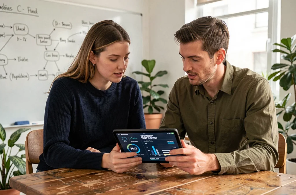 Deux collègues discutant de l'évolution des menaces numériques et des solutions antivirus sur une tablette dans un espace collaboratif