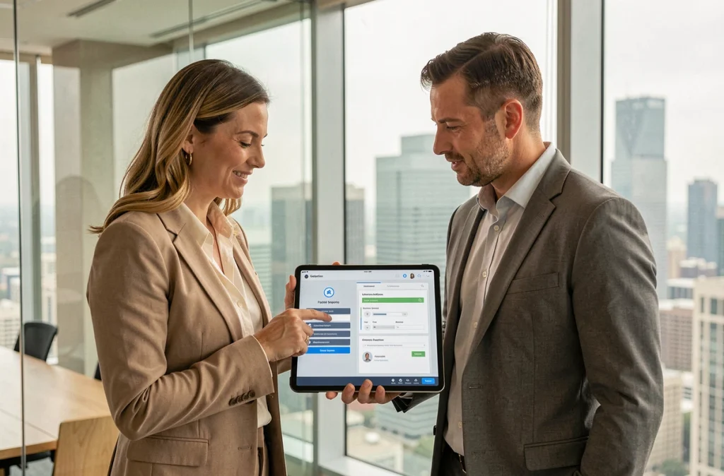Deux collègues en entreprise consultant un tableau de bord de sécurité avec paramètres d'authentification double facteur sur une tablette