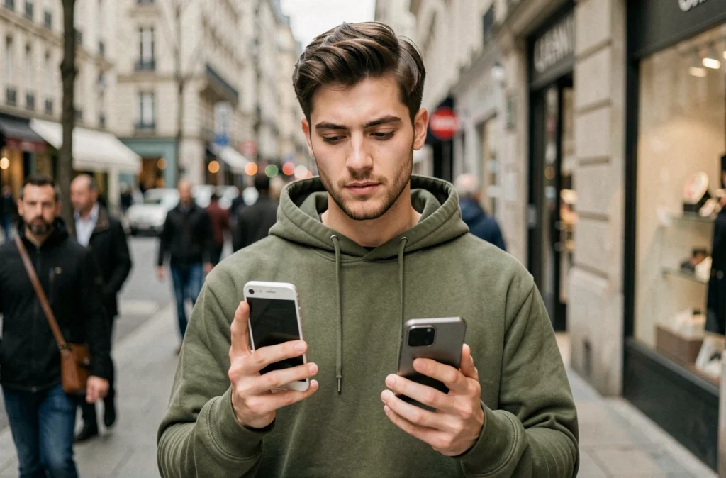 Jeune homme comparant un iPhone SE avec un smartphone Android dans une rue commerçante urbaine