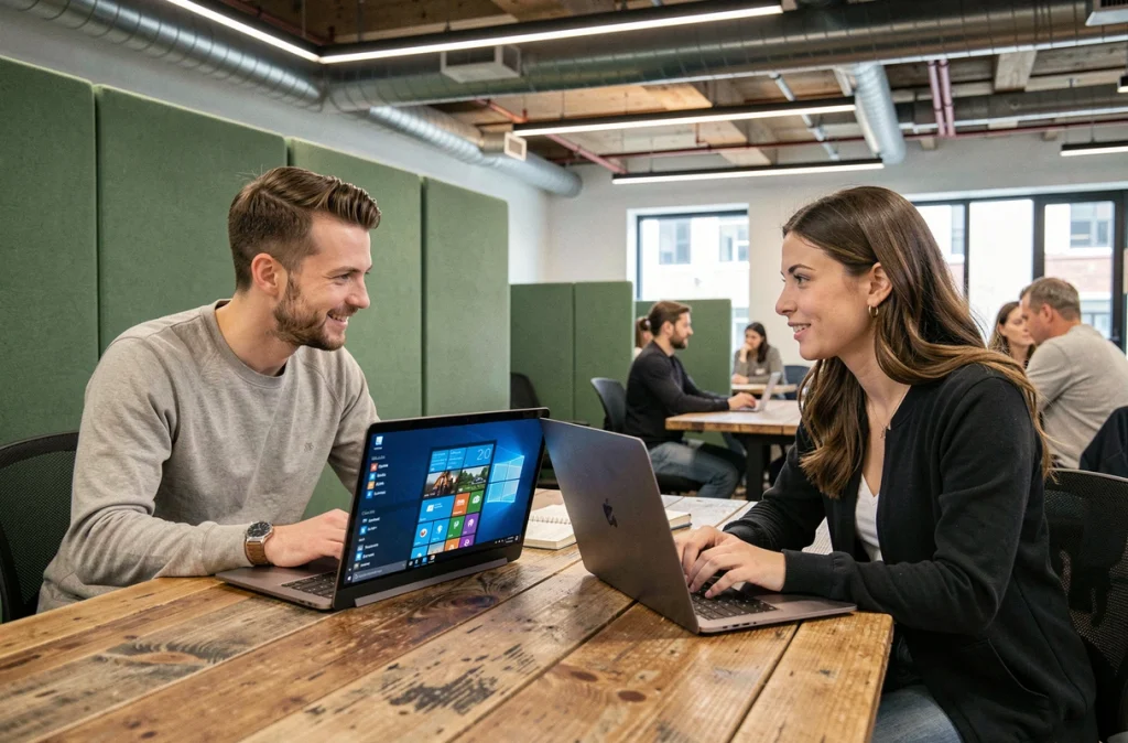 Deux collègues comparant Windows 11 et Windows 10 sur leurs ordinateurs portables dans un espace de coworking moderne