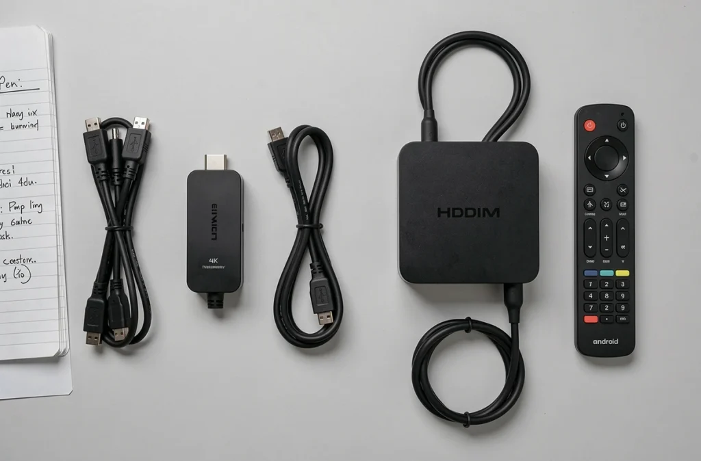 Vue aérienne comparative d'un transmetteur HDMI sans fil et d'un boîtier Android TV côte à côte sur un bureau