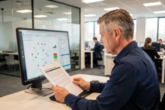 Consultant en sécurité informatique analysant un rapport d'audit de cybersécurité sur un écran dans un bureau de PME moderne