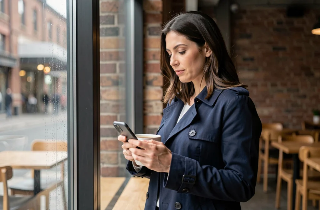 Femme consultant des stories Instagram de façon anonyme dans un café urbain avec son smartphone