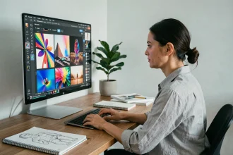 Femme créatrice utilisant une interface de génération d'images IA sur un ordinateur dans un studio moderne