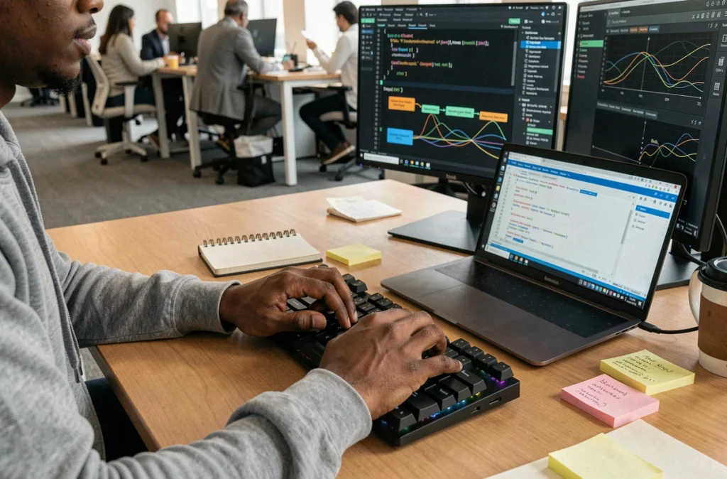 Développeur informatique codant une interface de gestion de réseau basée sur l'intelligence artificielle sur son poste de travail en open space