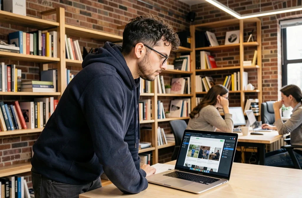 Développeur utilisant un outil de génération d'images IA sur un laptop dans un espace de coworking