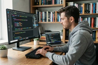 Développeur Python analysant un fichier XML avec pandas sur un écran d'ordinateur dans un bureau moderne