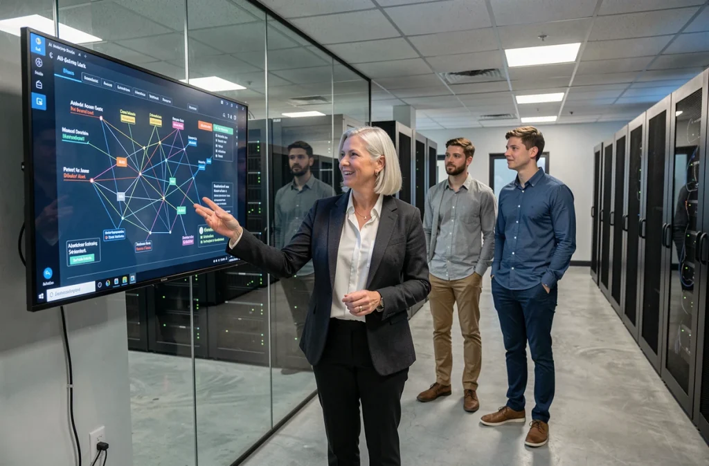 Directrice informatique présentant un graphe de réseau généré par IA à son équipe dans une salle de serveurs d'entreprise