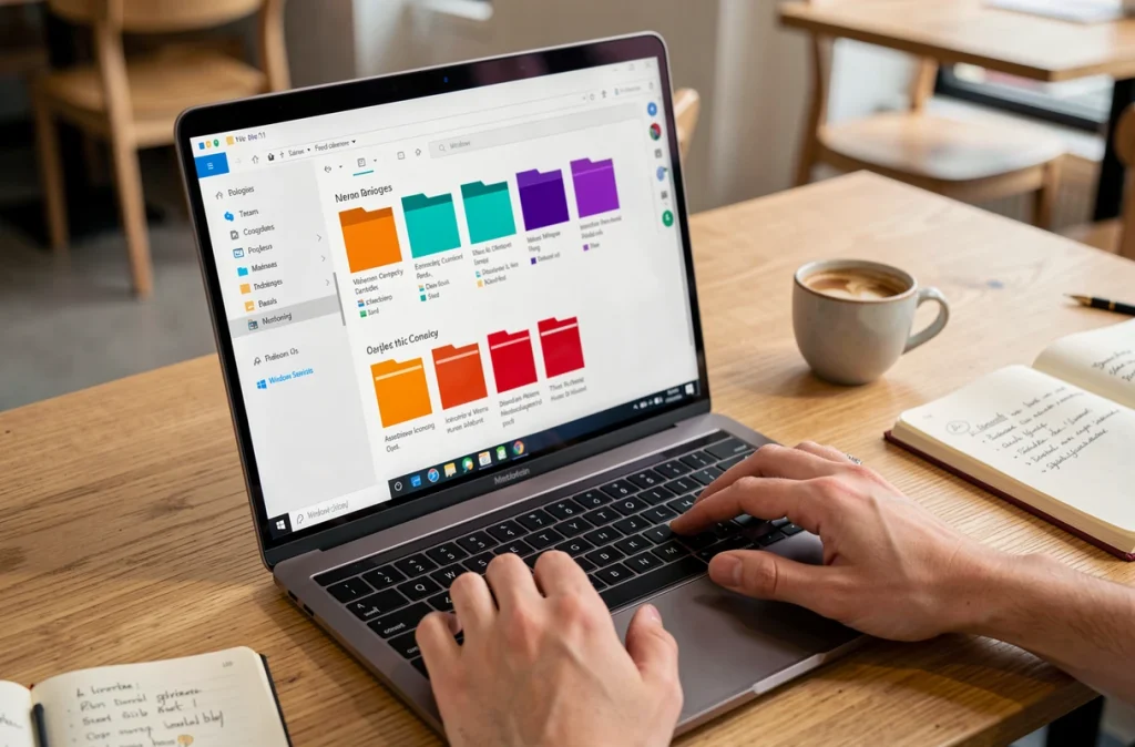 Écran d'ordinateur portable Windows affichant des dossiers personnalisés avec des icônes colorées dans un café