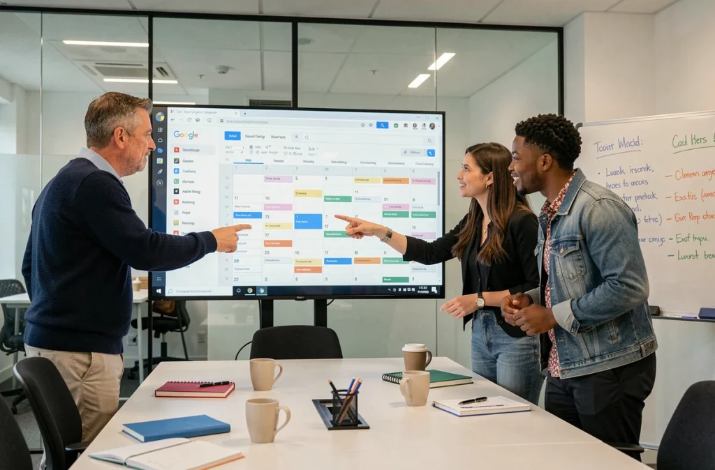 Équipe professionnelle réunie autour d'un écran affichant un agenda Google partagé en salle de réunion