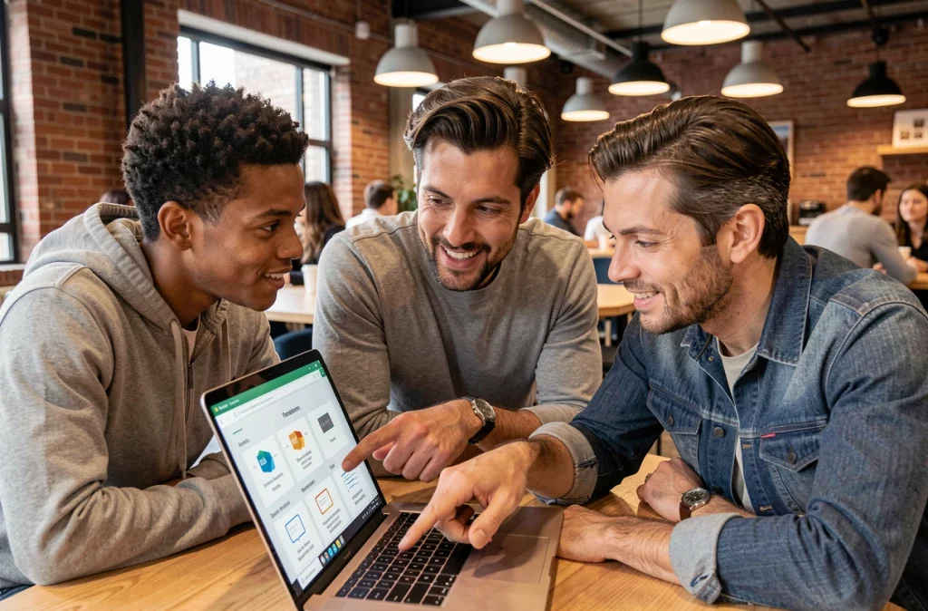 Équipe diverse collaborant autour d'un laptop pour choisir un modèle de présentation PowerPoint dans un espace de coworking