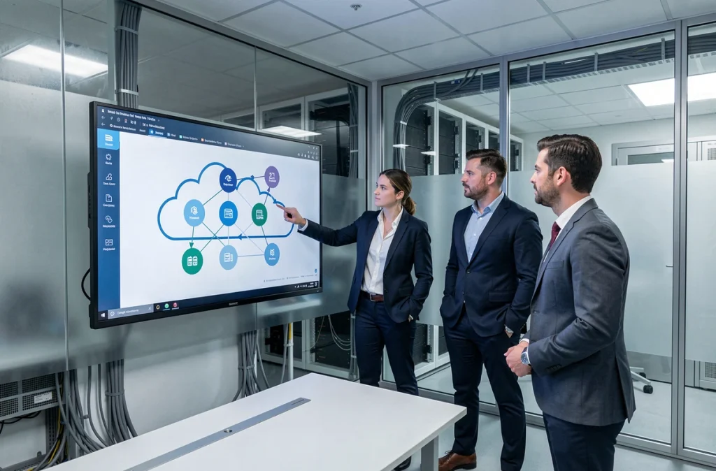 Équipe informatique française collaborant autour d'un schéma d'architecture cloud dans une salle de réunion moderne
