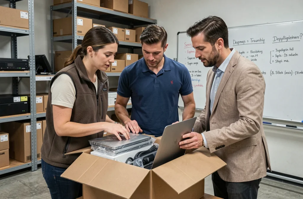 Une équipe informatique déploie de nouveaux équipements informatiques dans le cadre de la modernisation du parc numérique en entreprise