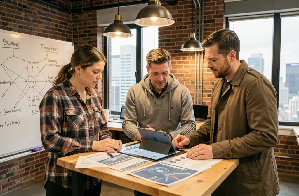 Groupe de professionnels IT discutant d'un programme de formation en cybersécurité dans un espace collaboratif de startup
