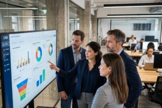 Équipe de professionnels SaaS B2B collaborant autour d'un tableau de bord CRM HubSpot dans un bureau moderne