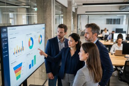 Équipe de professionnels SaaS B2B collaborant autour d'un tableau de bord CRM HubSpot dans un bureau moderne
