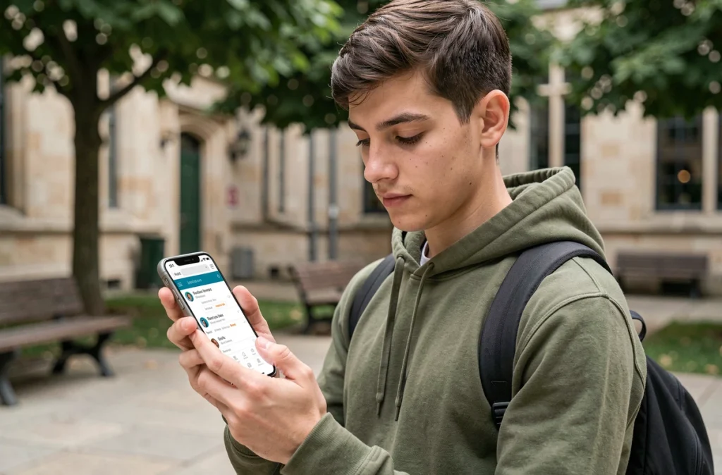 Étudiant consultant sa messagerie Webmail Convergence de Bordeaux sur smartphone dans le campus universitaire