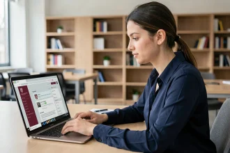 Étudiante accédant à sa messagerie académique Webmail Convergence de l'université de Bordeaux sur un ordinateur portable