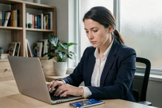 Femme professionnelle utilisant une authentification à deux facteurs sur smartphone et ordinateur portable pour sécuriser ses données personnelles