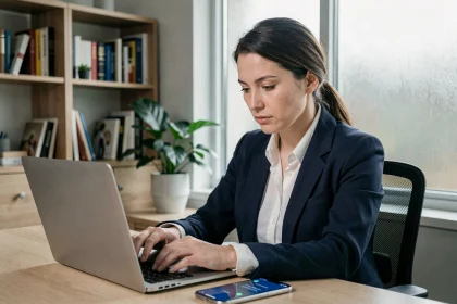 Femme professionnelle utilisant une authentification à deux facteurs sur smartphone et ordinateur portable pour sécuriser ses données personnelles