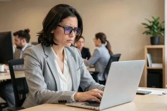 Femme en bureau remarquant un message de phishing suspect sur son ordinateur portable, illustrant les cyberattaques sur les réseaux sociaux en 2024