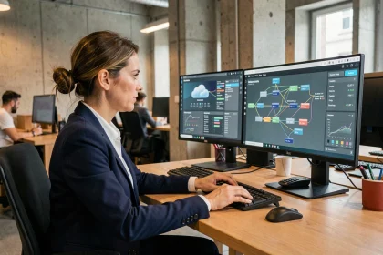Femme cadre française analysant des tableaux de bord cloud computing dans un bureau moderne à Paris