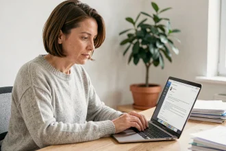 Femme consultant ses emails sur un ordinateur portable dans un bureau à domicile, comparant des services de messagerie en ligne