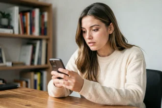 Jeune femme consultant anonymement des stories Instagram sur son smartphone dans un bureau à domicile