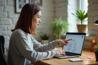 Femme débutante suivant un tutoriel de téléchargement YouTube sur son ordinateur portable dans un bureau à domicile chaleureux