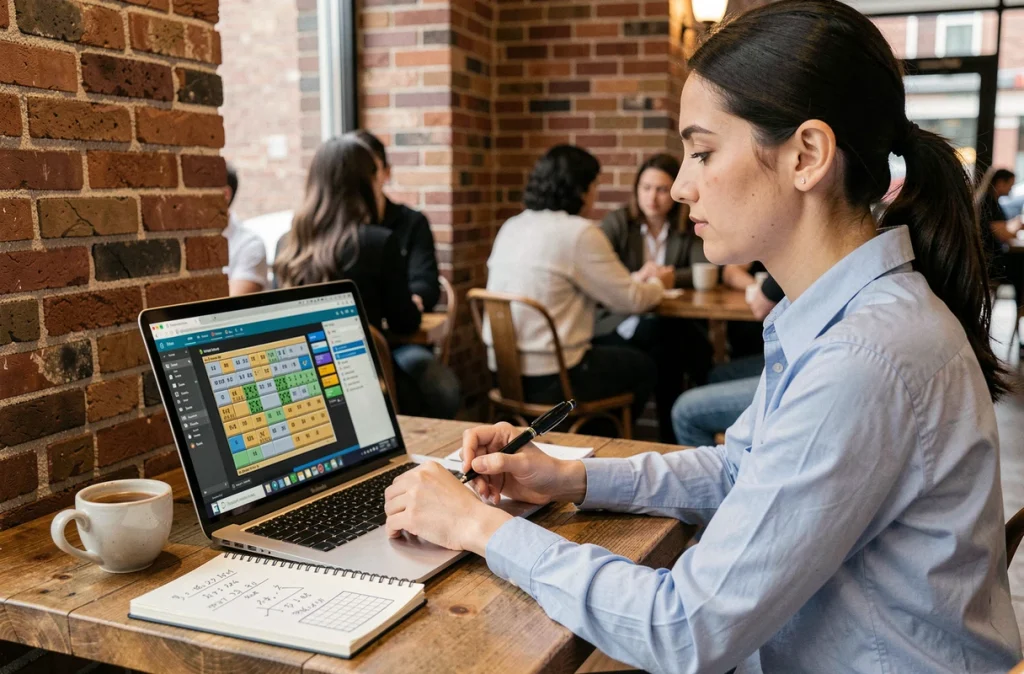 Jeune femme dans un café analysant les probabilités d'une partie de Démineur avec des calculs écrits dans un carnet