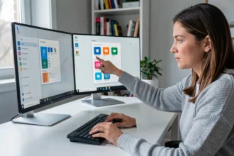 Femme utilisant le menu Démarrer de Windows 11 pour ajouter une icône sur le bureau de son ordinateur