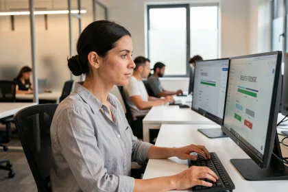 Femme informaticienne surveillant une sauvegarde de données en cours sur deux écrans dans un bureau moderne