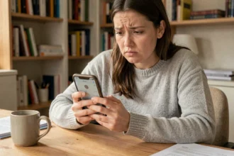 Femme inquiète consultant son iPhone pour récupérer des photos supprimées définitivement